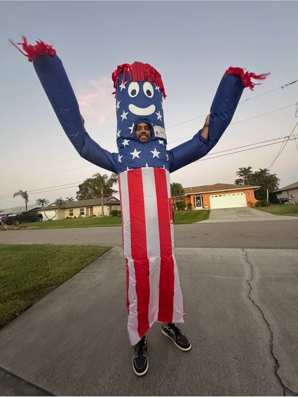 Patriotic USA Inflatable Wavy Arms Guy Tube Costume - Red, White & Blue